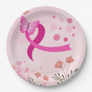Pink Ribbon Breast cancer Awareness with Flowers Paper Plate
