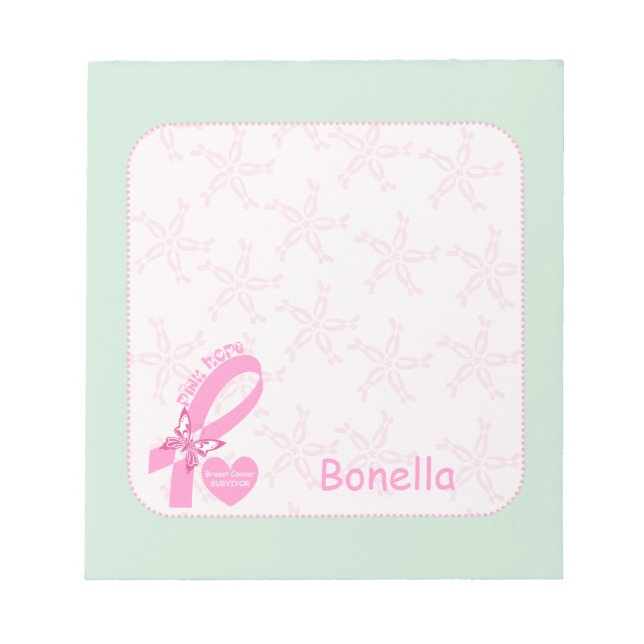 Pink Ribbon Breast cancer survivor mint border Notepad (Front)
