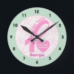 Pink Ribbon Breast cancer survivor, mint border Round Clock<br><div class="desc">Pink Ribbon Breast cancer survivor with mint green border round clock design. A feminine, personalized design featuring the Pink Ribbon with a pink white butterfly, the phrase PINK HOPE in a font with hearts and a heart with the text Breast cancer survivor. There is a pattern with pink ribbons with...</div>