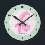 Pink Ribbon Breast cancer survivor, mint border Round Clock<br><div class="desc">Pink Ribbon Breast cancer survivor with mint green border round clock design. A feminine, personalized design featuring the Pink Ribbon with a pink white butterfly, the phrase PINK HOPE in a font with hearts and a heart with the text Breast cancer survivor. There is a pattern with pink ribbons with...</div>