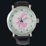 Pink Ribbon Breast cancer survivor, mint border Watch<br><div class="desc">Pink Ribbon Breast cancer survivor with mint green border custom design. A feminine, personalized design featuring the Pink Ribbon with a pink white butterfly, the phrase PINK HOPE in a font with hearts and a heart with the text Breast cancer survivor. It is customizable and you can change text to...</div>
