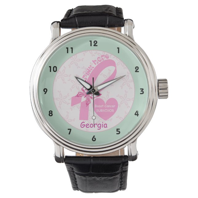 Pink Ribbon Breast cancer survivor, mint border Watch (Front)