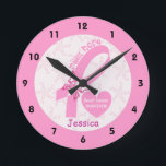 Pink Ribbon Breast cancer survivor & pink border Round Clock<br><div class="desc">Pink Ribbon Breast cancer survivor with pink border custom clock. A feminine, personalized design featuring the Pink Ribbon with a pink white butterfly, the phrase PINK HOPE in a font with hearts and a heart with the text Breast cancer survivor. There is a pattern with pink ribbons with a pink...</div>