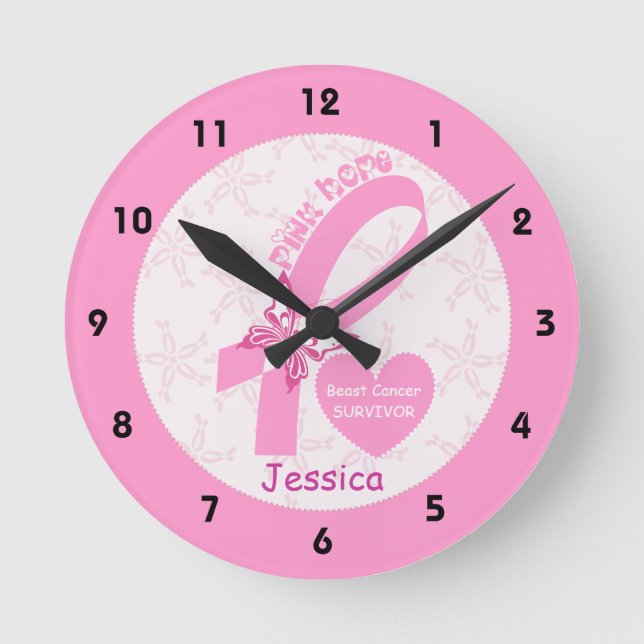Pink Ribbon Breast cancer survivor & pink border Round Clock (Front)
