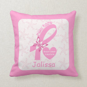 Pink Ribbon Breast cancer survivor & pink border Throw Pillow
