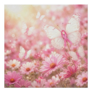 Pink Ribbon Butterflies in a Daisy Garden Poster