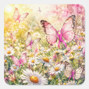Pink Ribbon Butterflies in a Sunny Field Square Sticker