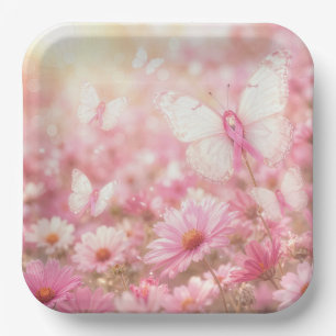 Pink Ribbon Butterflies in Garden Paper Plate
