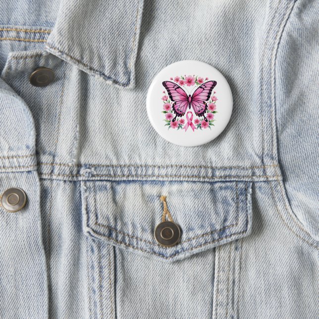 Pink Ribbon Butterfly Breast Cancer Awareness  2 Inch Round Button (In Situ)
