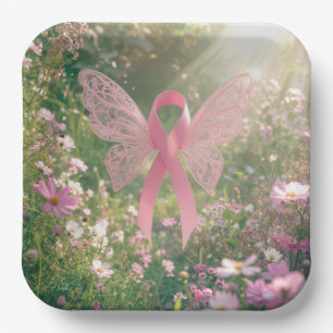 Pink Ribbon Butterfly in a Garden Paper Plate