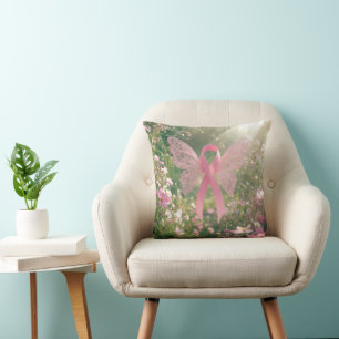 Pink Ribbon Butterfly in a Garden Throw Pillow