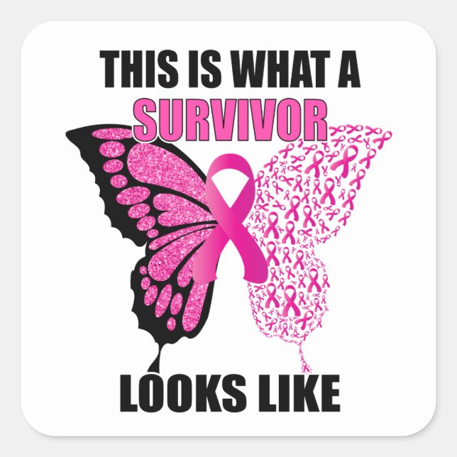 Pink Ribbon Butterfly Survivor Breast Cancer Square Sticker (Front)