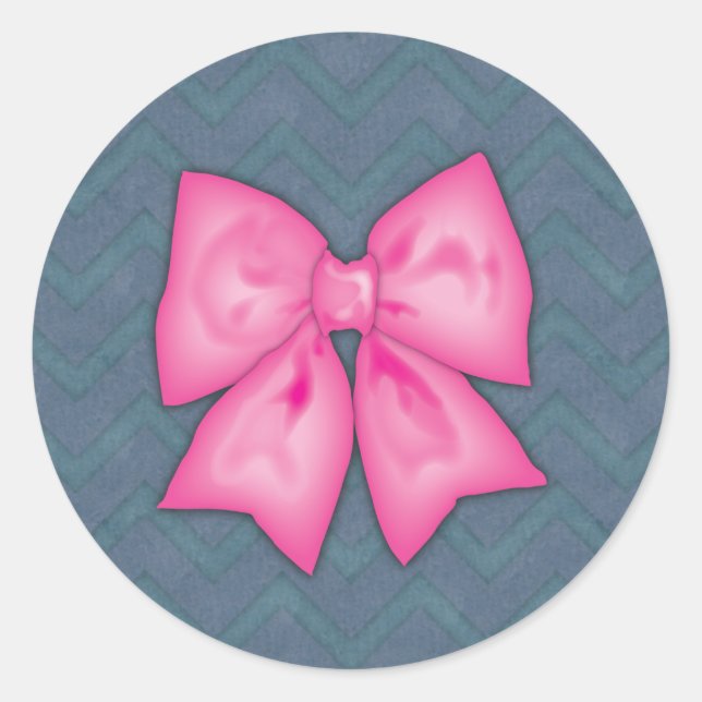Pink Ribbon Chevron Denim Background Classic Round Sticker (Front)