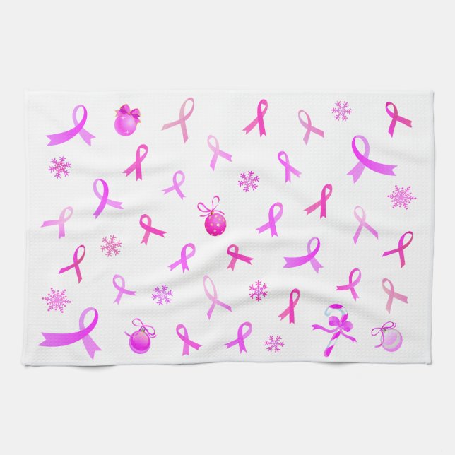 Pink Ribbon Christmas Kitchen Towel (Horizontal)