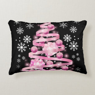 Pink Ribbon Christmas Tree with White Snowflakes Accent Pillow