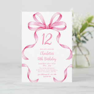 Pink Ribbon Coquette Bow 12th Birthday Invitation