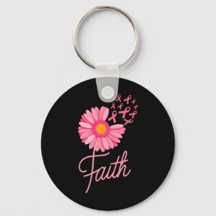 Pink Ribbon Daisy Flower Faith Breast Cancer Aware Keychain