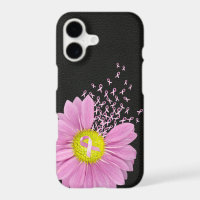 Pink Ribbon daisy on black leather