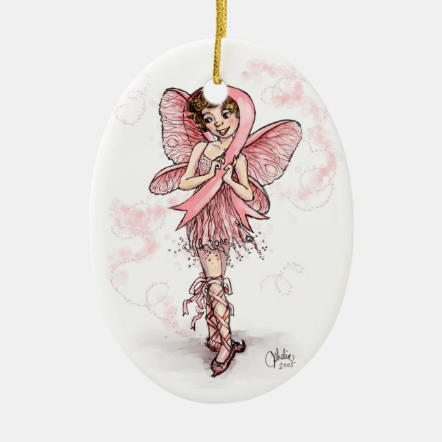 Pink Ribbon Fairy Ceramic Ornament (Front)