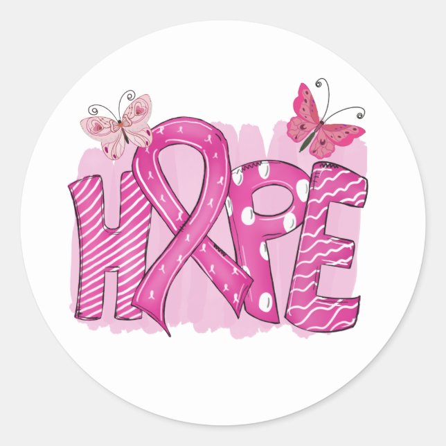 Pink Ribbon Fighter Butterfly Hope Breast Cancer Classic Round Sticker (Front)