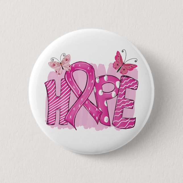 Pink Ribbon Fighter Hope Butterfly Breast Cancer 2 Inch Round Button (Front)