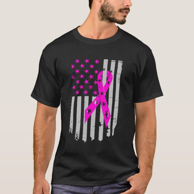 Pink Ribbon Flag Breast Cancer Warrior T-Shirt (Front)