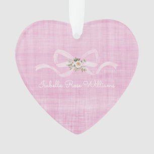 Pink Ribbon Floral Baby Girl NAME Sweet Heart Ornament