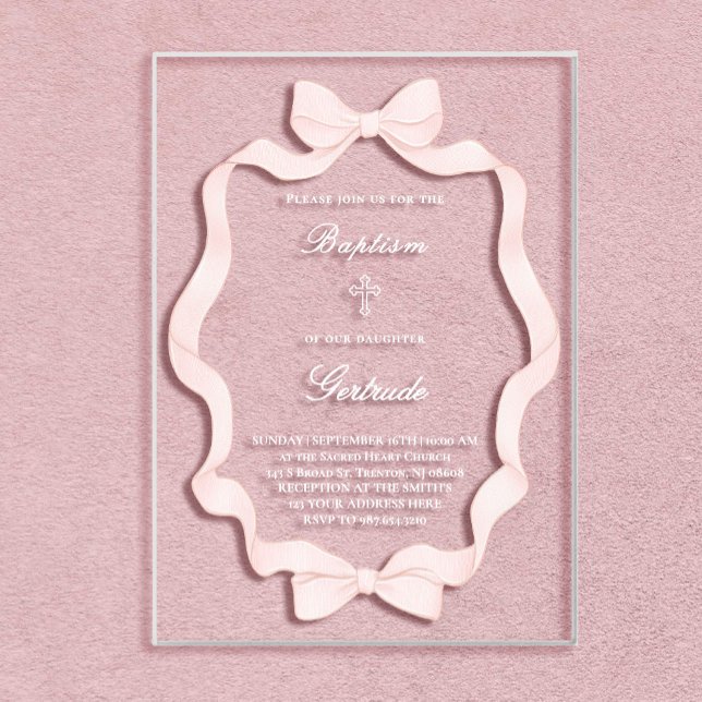  pink ribbon frame Baptism  Acrylic Invitations (Creator Uploaded)