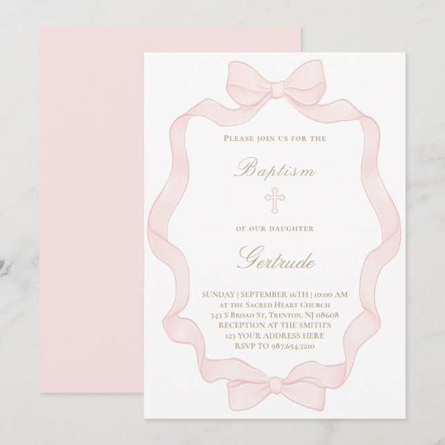  pink ribbon frame Baptism Invitation (Front/Back)
