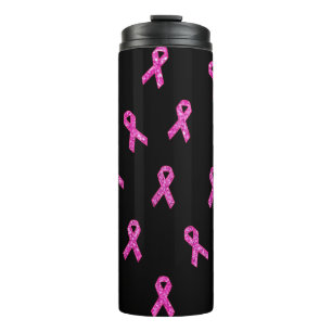 Pink Ribbon Glitter Black Background Thermal Tumbler
