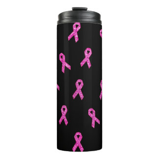 Pink Ribbon Glitter Black Background Thermal Tumbler