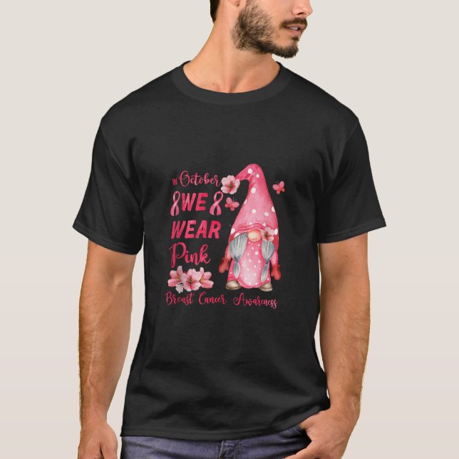 Pink Ribbon Gnome Breast Cancer Awareness Support  T-Shirt (Front)