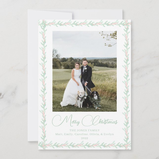 Pink Ribbon Greenery Vintage Christmas Photo Holiday Card (Front)