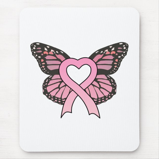 Pink Ribbon Heart Butterfly Mousepad (Front)