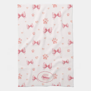 Pink Ribbon, Heart & Paw Print Pattern - Soft Pink Kitchen Towel