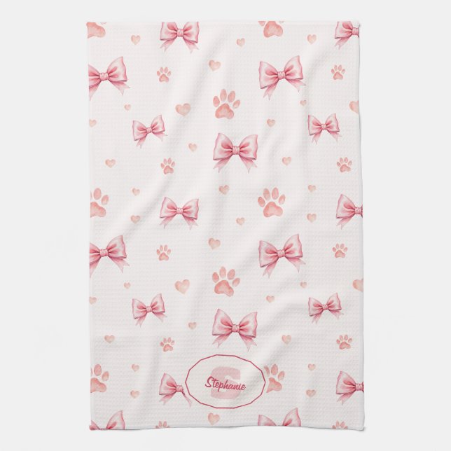 Pink Ribbon, Heart & Paw Print Pattern - Soft Pink Kitchen Towel (Vertical)