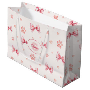 Pink Ribbon, Heart & Paw Print Pattern - Soft Pink Large Gift Bag