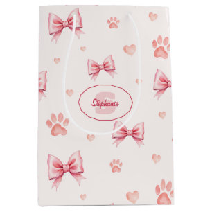 Pink Ribbon, Heart & Paw Print Pattern - Soft Pink Medium Gift Bag