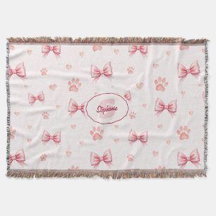 Pink Ribbon, Heart & Paw Print Pattern - Soft Pink Throw Blanket