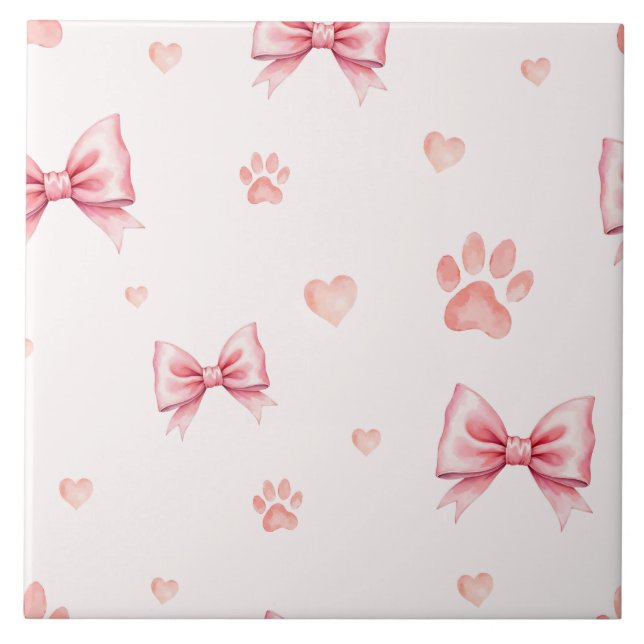 Pink Ribbon, Heart & Paw Print Pattern - Soft Pink Tile (Front)
