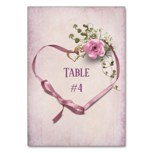 Pink Ribbon Heart with Rings Table Number
