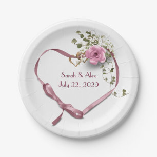 Pink Ribbon Heart with Rose  Paper Plate