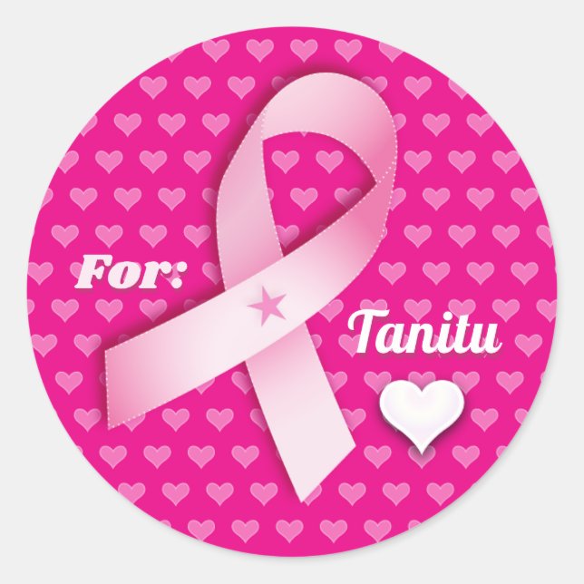 Pink Ribbon & Hearts Breast Cancer Customize Text Classic Round Sticker (Front)