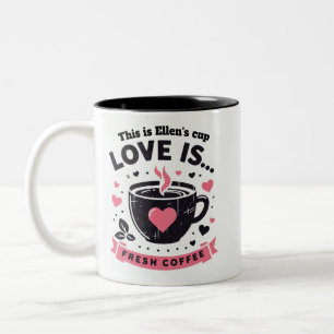 Pink ribbon hearts love is fresh coffee Two-Tone coffee mug