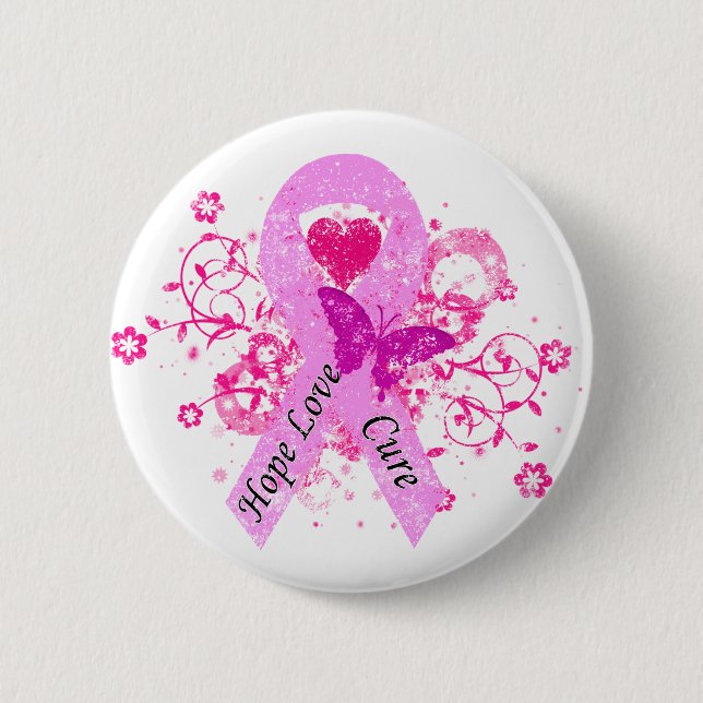 Pink Ribbon Hope Love Cure 2 Inch Round Button (Front)