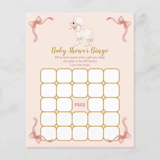 Pink Ribbon Little Lamb Baby Shower Bingo Game (Front)