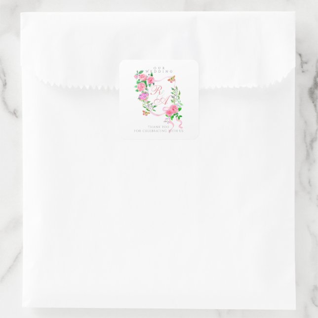 Pink Ribbon Monogram Wedding Square Sticker (Bag)