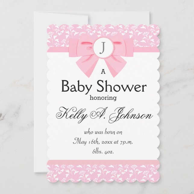 Pink Ribbon Monogram with Floral Print Invitation (Front)