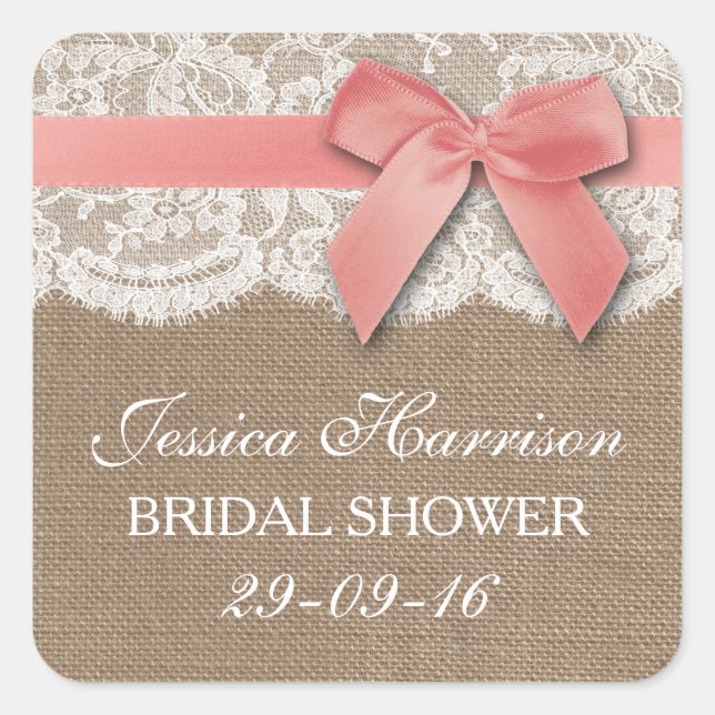 Pink Ribbon On Burlap & Lace Bridal Shower Square Sticker (Front)