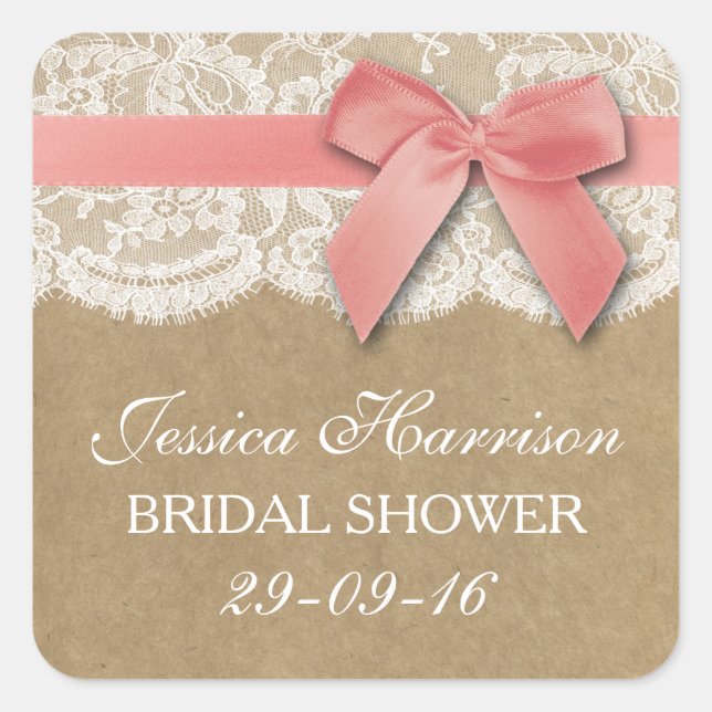Pink Ribbon On Kraft & Lace Bridal Shower Square Sticker (Front)